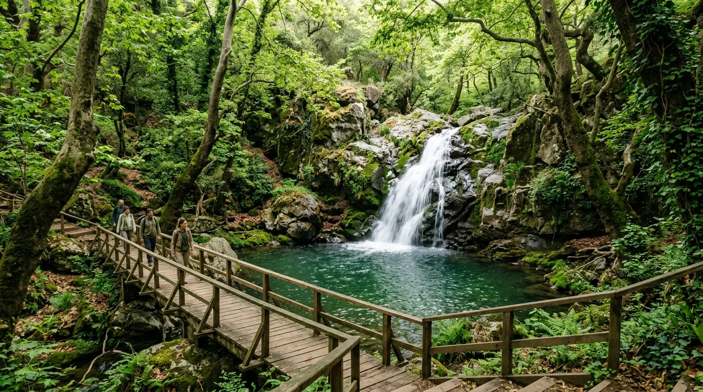 Nebiler Lovers Waterfall with Wooden Footbridge and Lush Pool