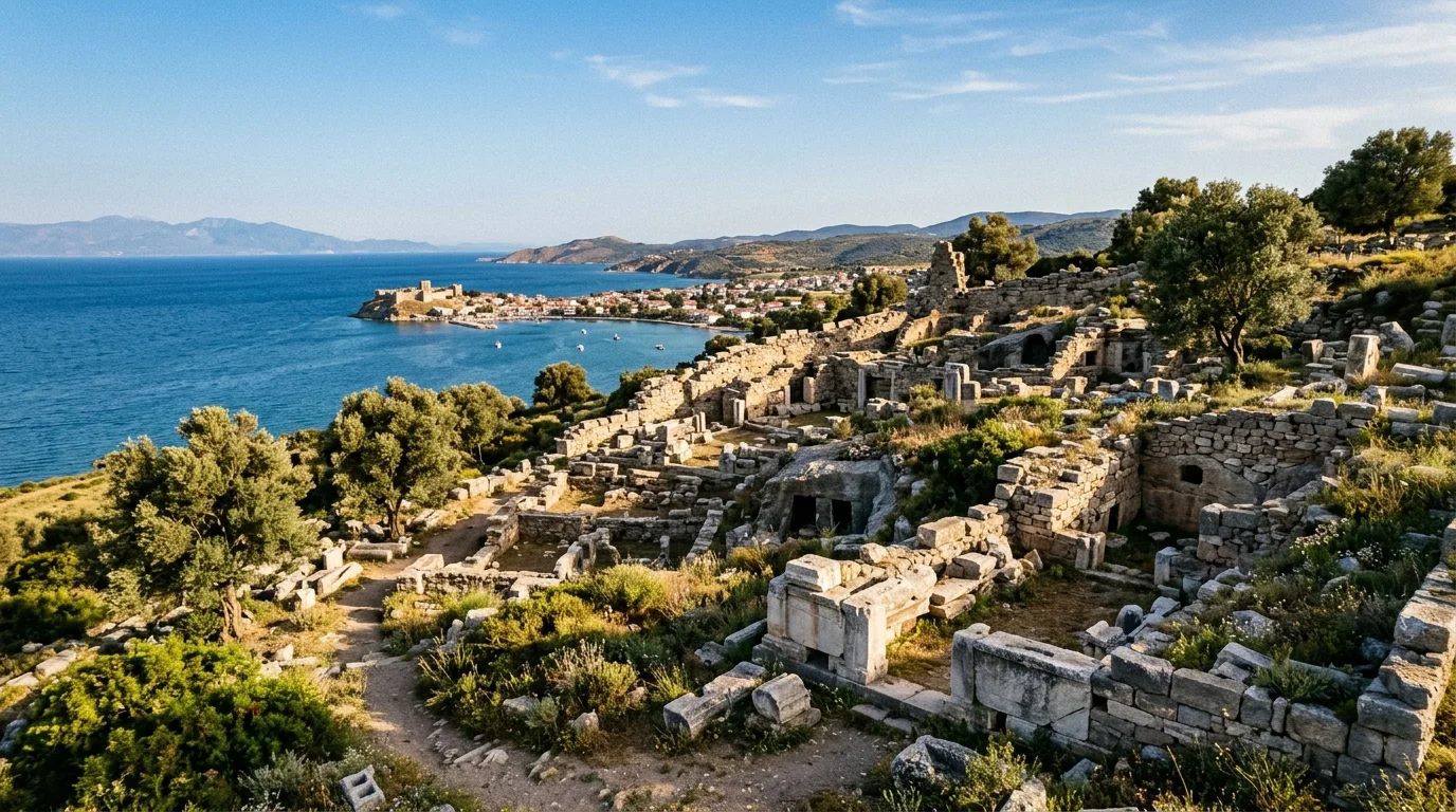 Ancient Pitane Ruins and Acropolis Overlooking the Sea