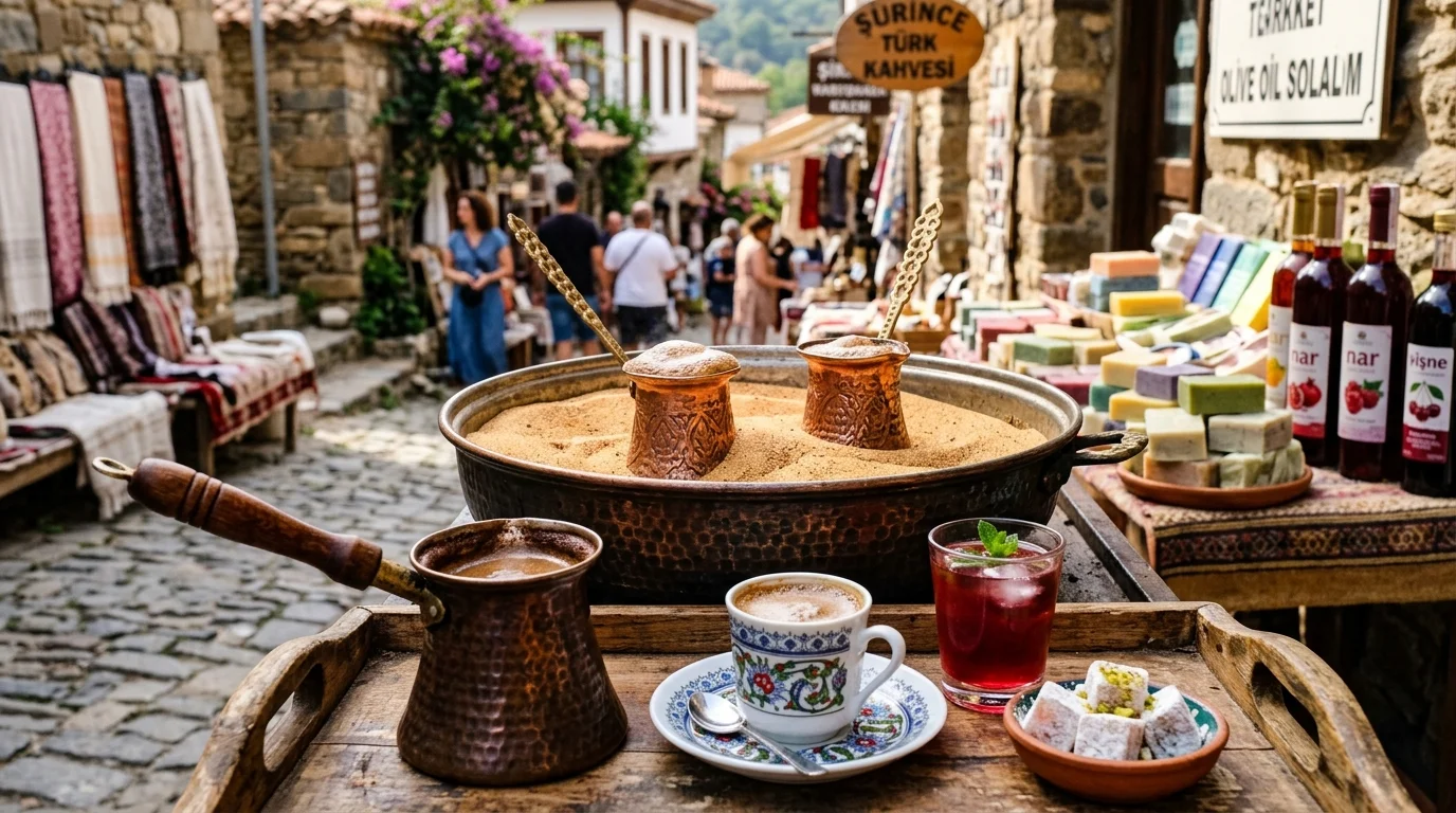 Turkish Coffee Brewed on Hot Sand and Sirince Bazaar Delicacies