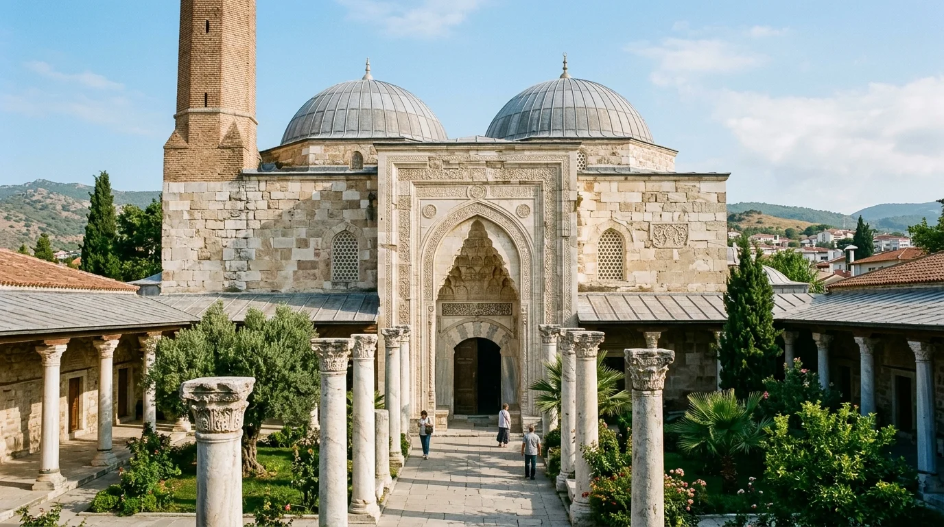Historic Isa Bey Mosque Monumental Portal and Colonnaded Courtyard
